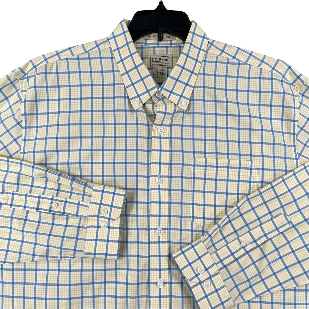 L.L. Bean Button Down Shirt Mens XL Yellow Blue Plaid Wrinkle Resistant Casual
